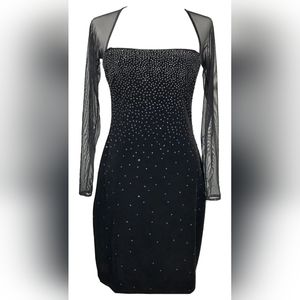 Vintage Tadashi Bodycon Velvet Sparkly Glitter Long-Sleeve Mesh Mini Party Dress